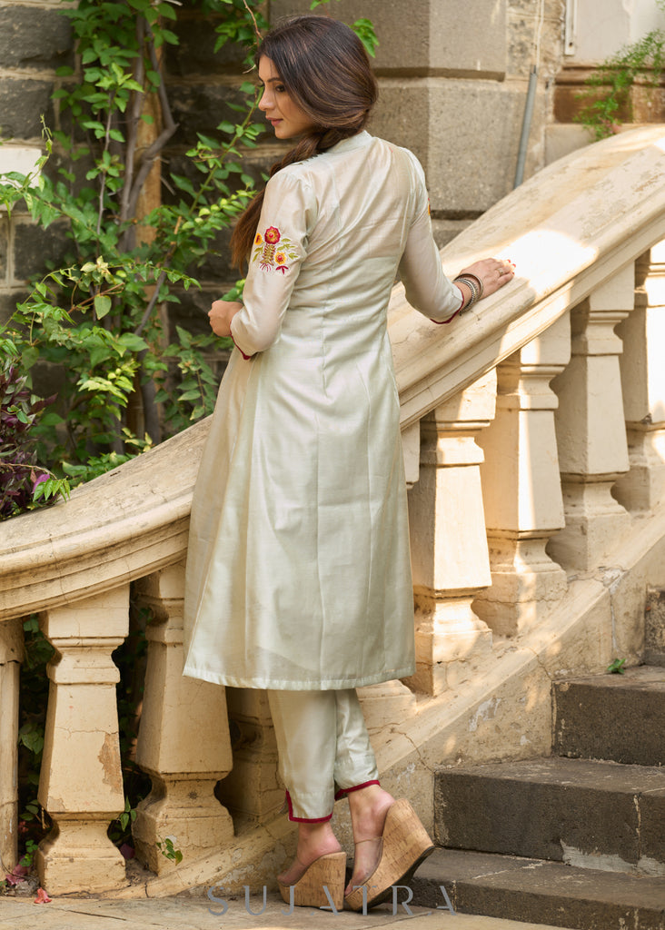 Hand-Embroidered fern chanderi kurta - Pants Optional