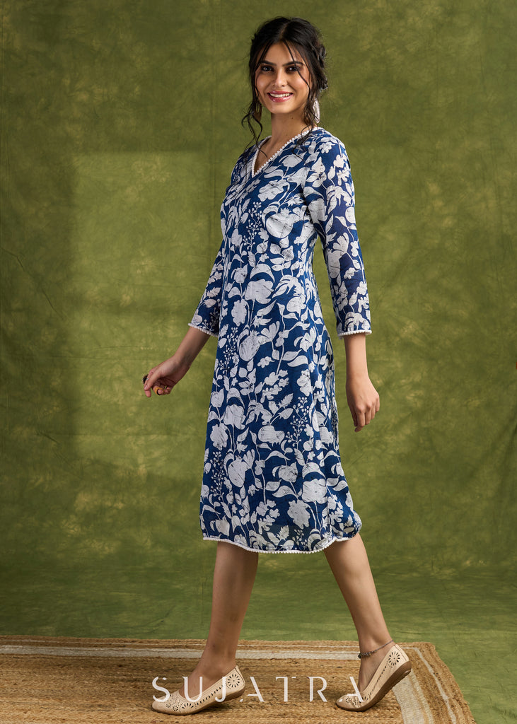 Blue Floral Summer Rayon Dress. Vibrant Blooms On A Soft Blue Canvas