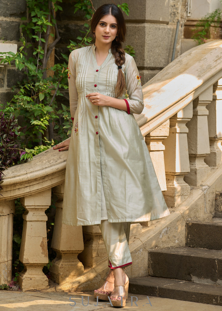 Hand-Embroidered fern chanderi kurta - Pants Optional