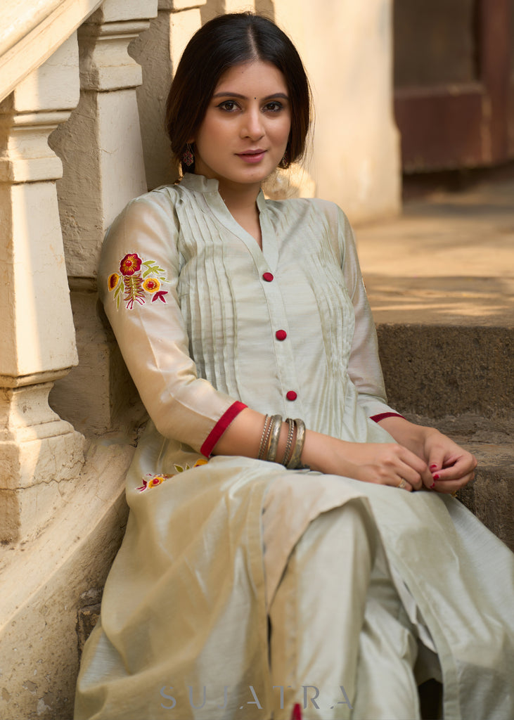 Hand-Embroidered fern chanderi kurta - Pants Optional