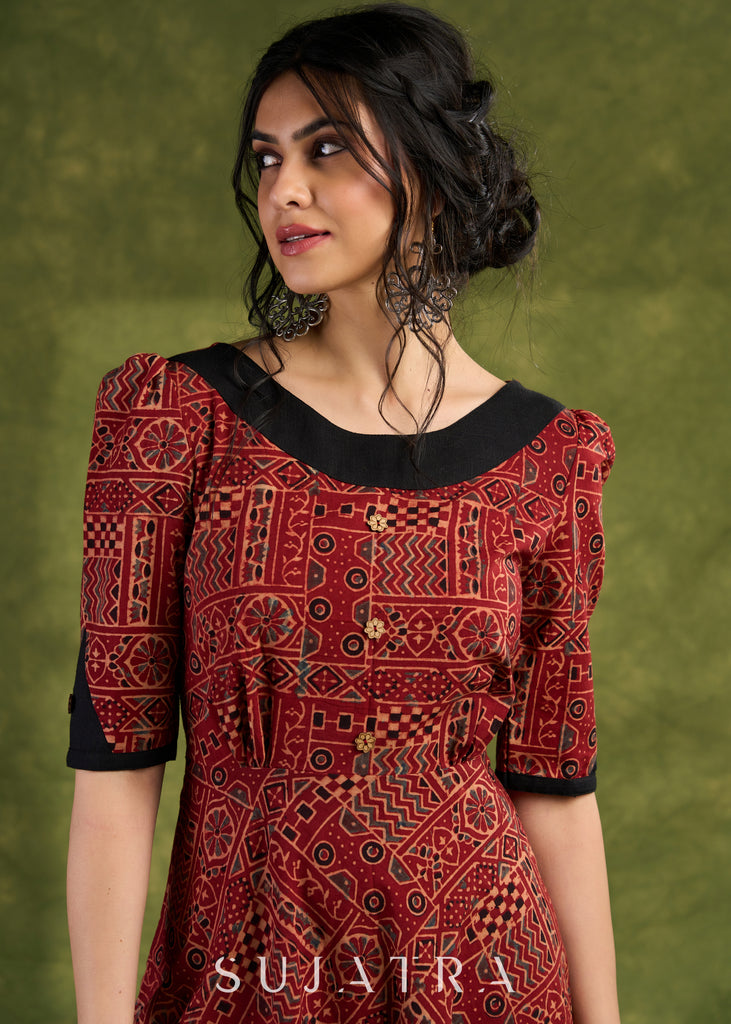 Rust Red Ajrakh Block Printed Dress. Bold &Beautiful With Geometric Pattern Cotton Dress