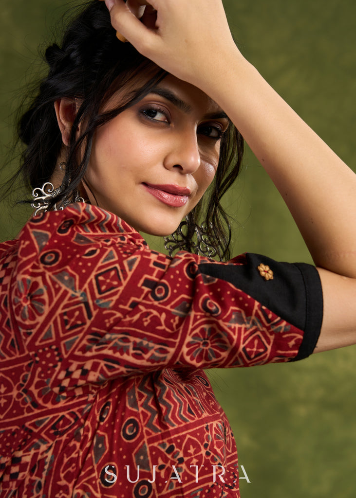 Rust Red Ajrakh Block Printed Dress. Bold &Beautiful With Geometric Pattern Cotton Dress