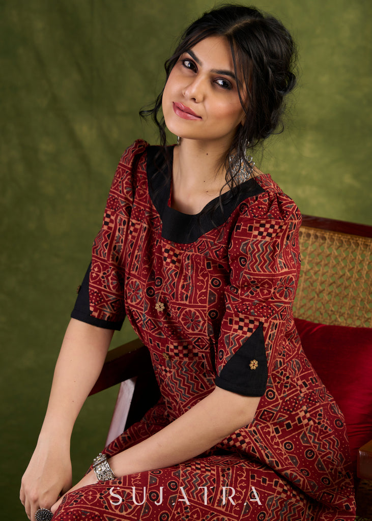 Rust Red Ajrakh Block Printed Dress. Bold &Beautiful With Geometric Pattern Cotton Dress