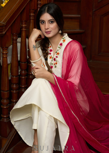 Elegantly crafted off-white rayon kurta with intricate embroidery and matching pants - Dupatta optional