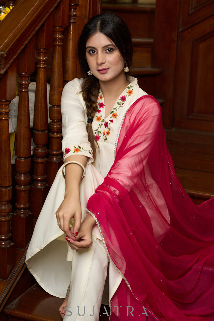 Elegantly crafted off-white rayon kurta with intricate embroidery and matching pants - Dupatta optional