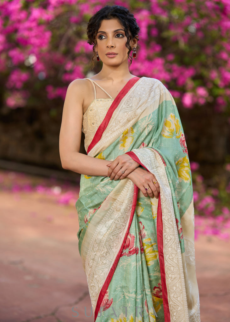 Stylish pista green pure tussar silk printed saree with lucknowi work on border & pallu