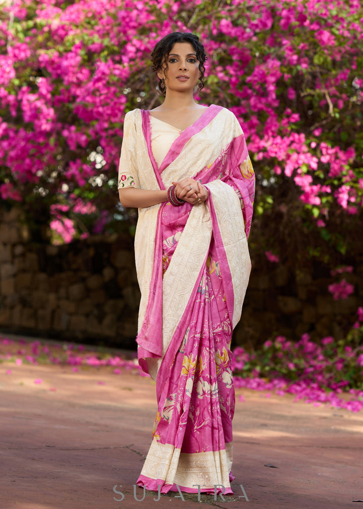 Elegant Pink pure tussar silk printed saree with lucknowi work on border & pallu