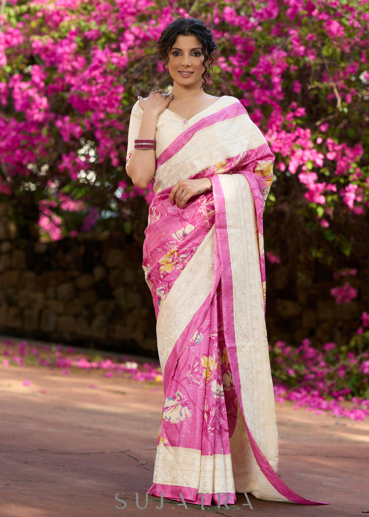 Elegant Pink pure tussar silk printed saree with lucknowi work on border & pallu