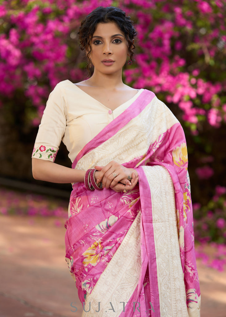 Elegant Pink pure tussar silk printed saree with lucknowi work on border & pallu