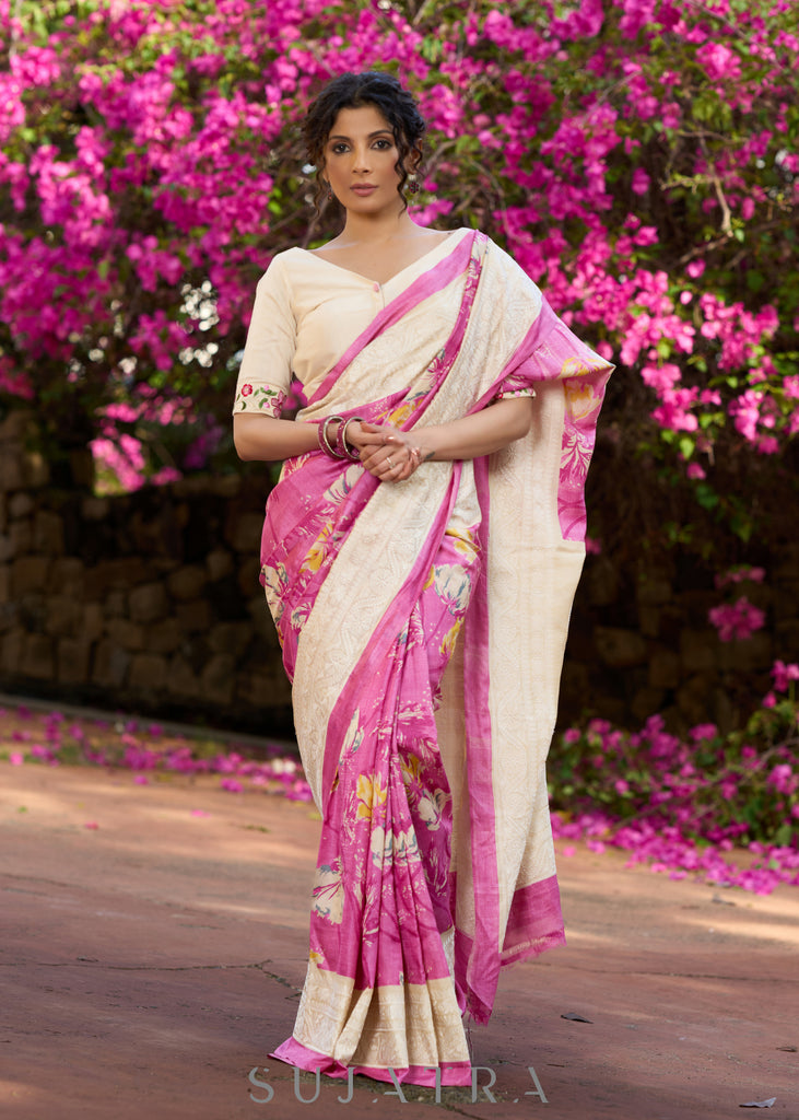 Elegant Pink pure tussar silk printed saree with lucknowi work on border & pallu