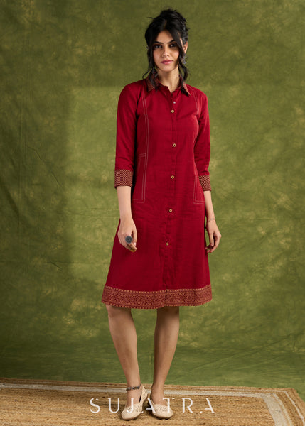 Maroon Shirt Dress. Vibrant Maroon Cotton Dress With Intricate Ajrakh Cuff And Hem Details