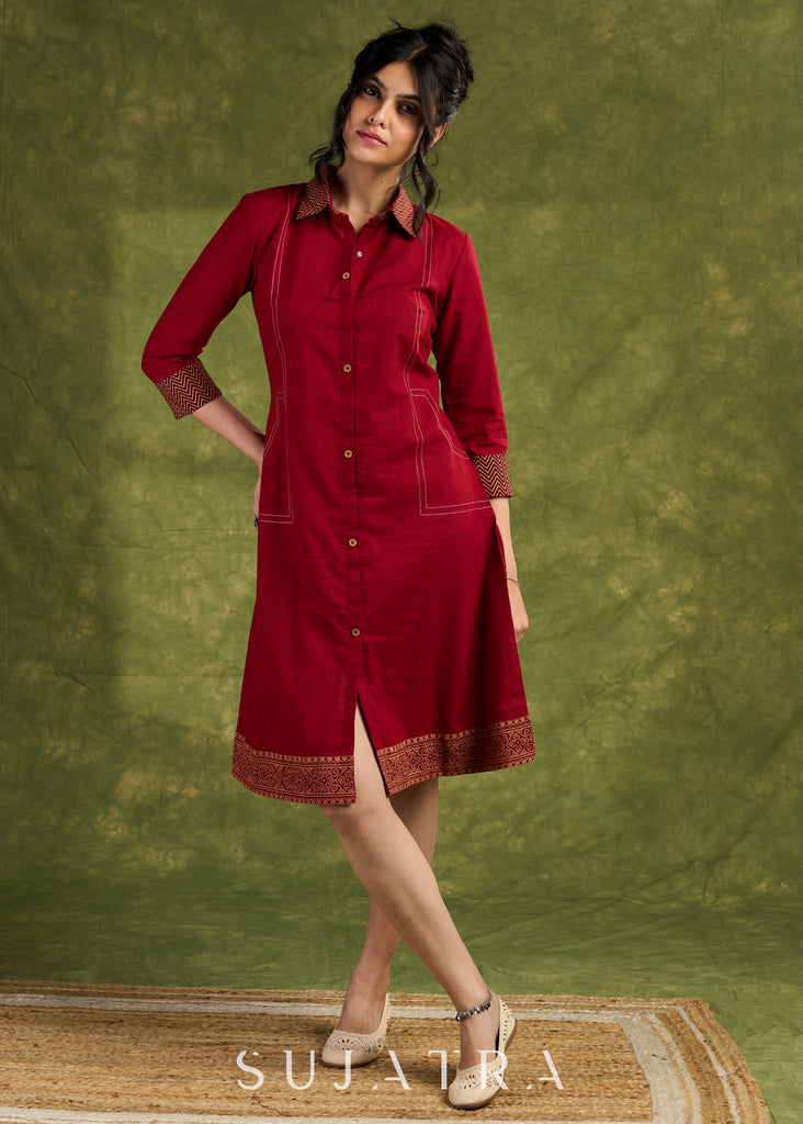 Maroon Shirt Dress. Vibrant Maroon Cotton Dress With Intricate Ajrakh Cuff And Hem Details