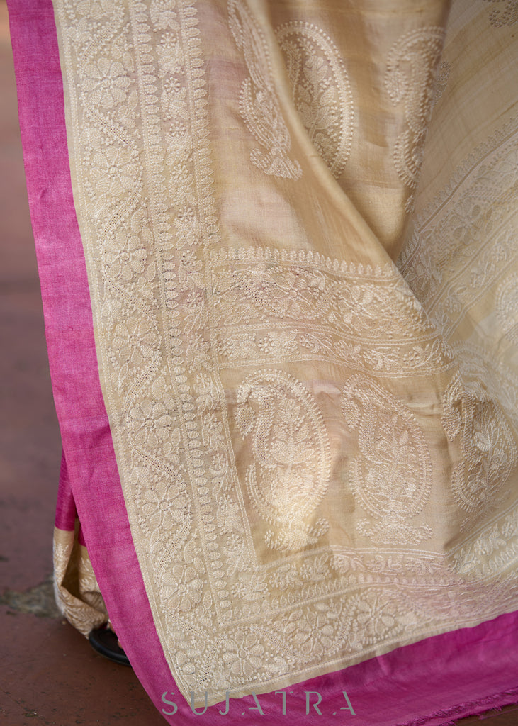 Elegant Pink pure tussar silk printed saree with lucknowi work on border & pallu