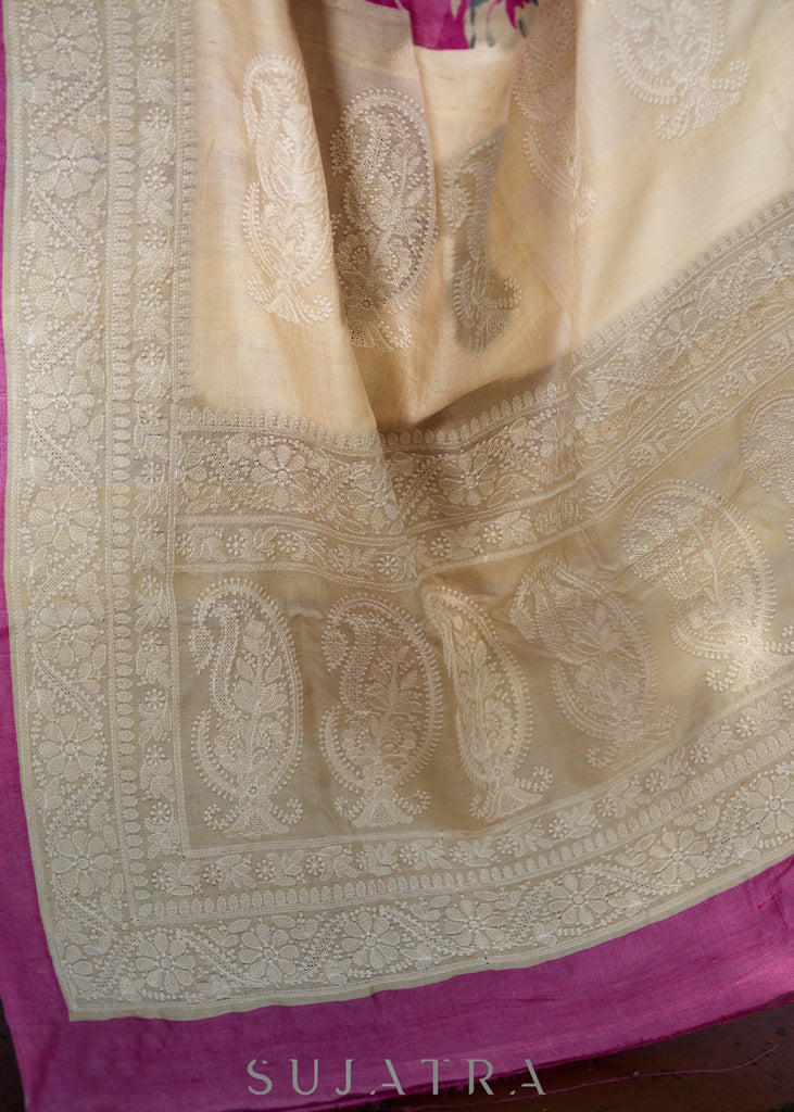 Elegant Pink pure tussar silk printed saree with lucknowi work on border & pallu