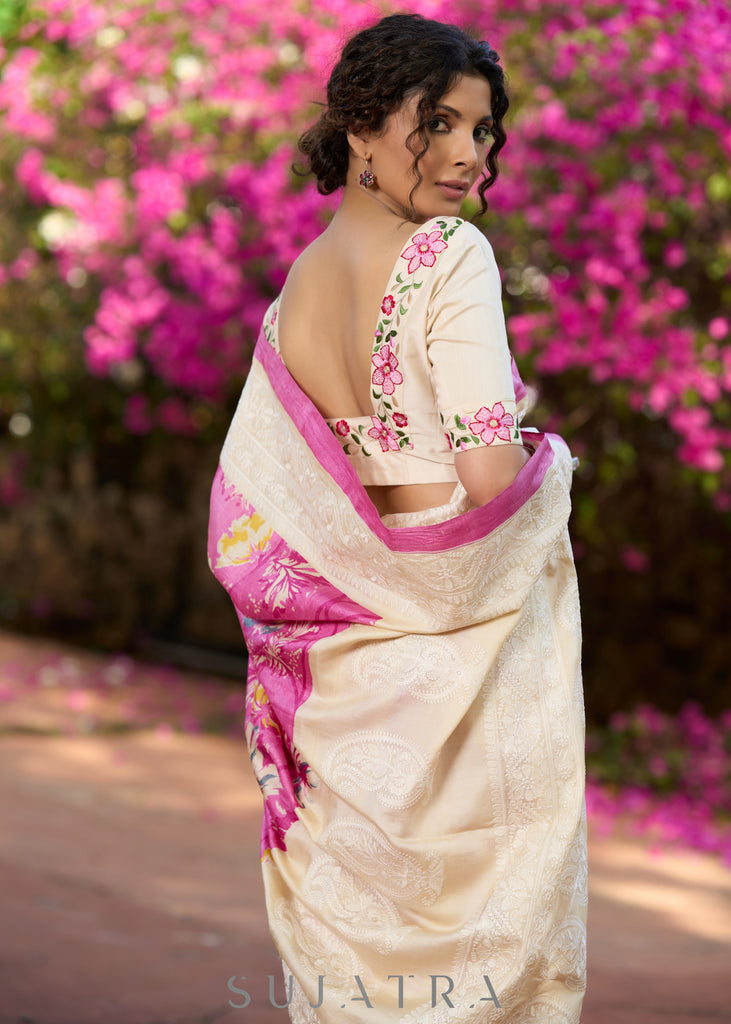 Elegant Pink pure tussar silk printed saree with lucknowi work on border & pallu