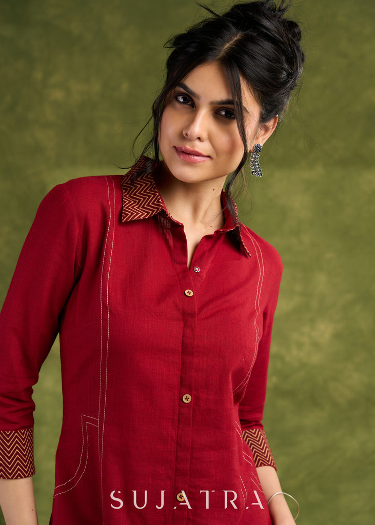 Maroon Shirt Dress. Vibrant Maroon Cotton Dress With Intricate Ajrakh Cuff And Hem Details