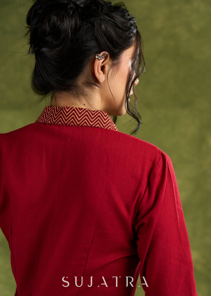 Maroon Shirt Dress. Vibrant Maroon Cotton Dress With Intricate Ajrakh Cuff And Hem Details