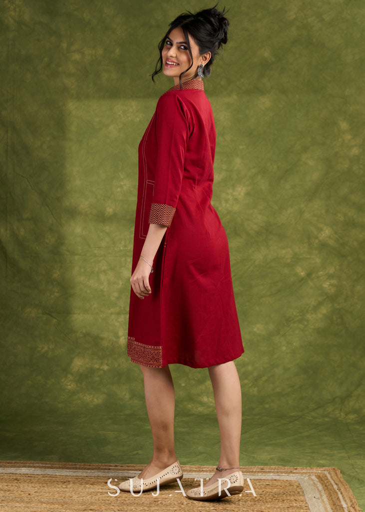 Maroon Shirt Dress. Vibrant Maroon Cotton Dress With Intricate Ajrakh Cuff And Hem Details