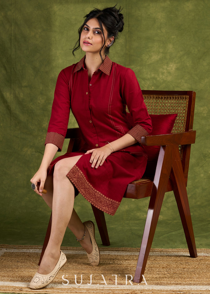 Maroon Shirt Dress. Vibrant Maroon Cotton Dress With Intricate Ajrakh Cuff And Hem Details