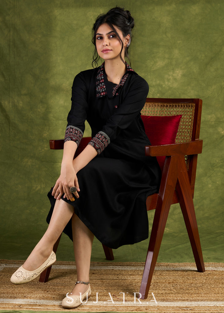 Black Collared Dress. Sophisticated Black Rayon Dress With Printed Collar And Cuffs