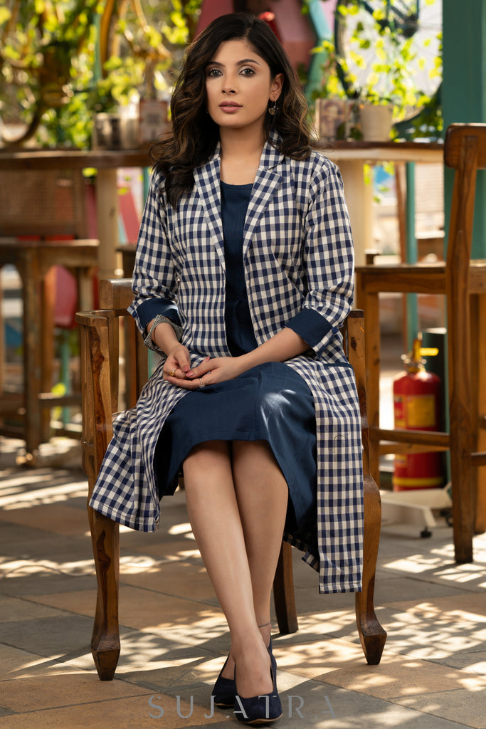 Stylish navy blue cotton dress with matching checkered long shrug