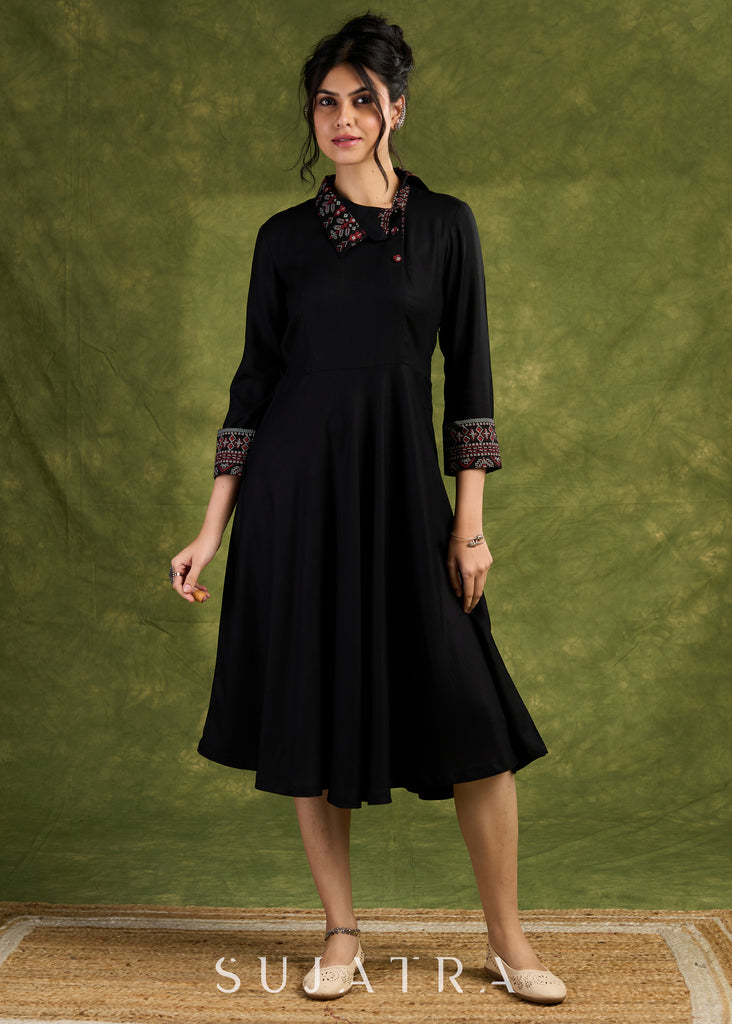 Black Collared Dress. Sophisticated Black Rayon Dress With Printed Collar And Cuffs