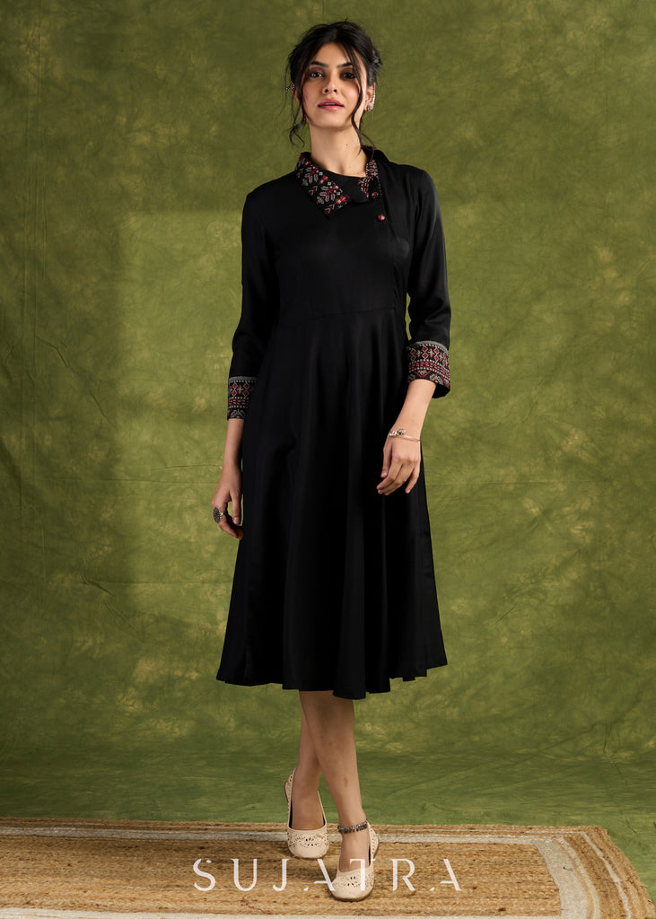 Black Collared Dress. Sophisticated Black Rayon Dress With Printed Collar And Cuffs