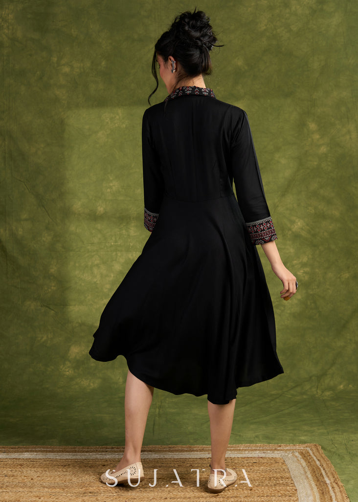 Black Collared Dress. Sophisticated Black Rayon Dress With Printed Collar And Cuffs