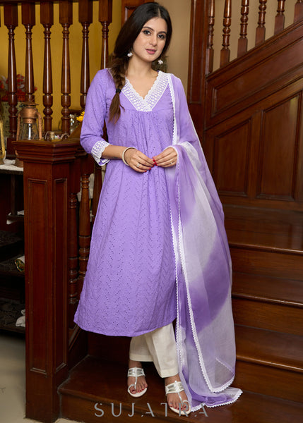 Elegantly crafted soft purple hakoba lace kurta paired with matching pants - Dupatta Optional