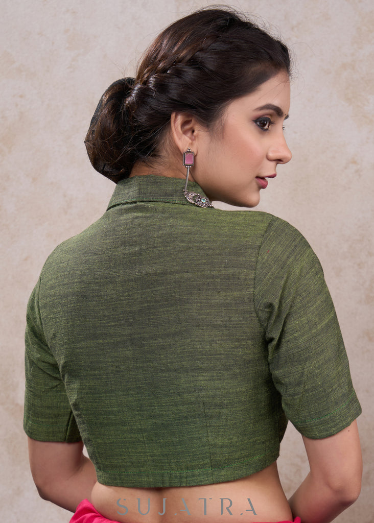 Elegant moss green cotton collared blouse