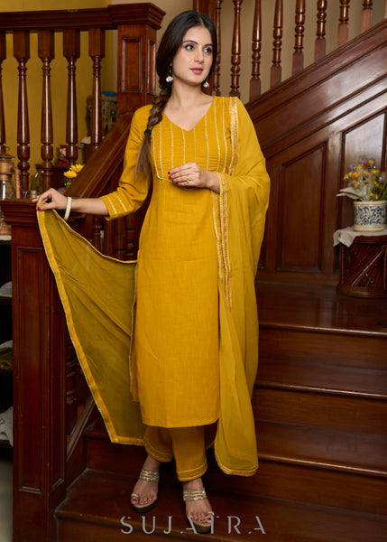 Graceful delicate mustard cotton kurta with a lace yoke and matching pants - Dupatta Optional