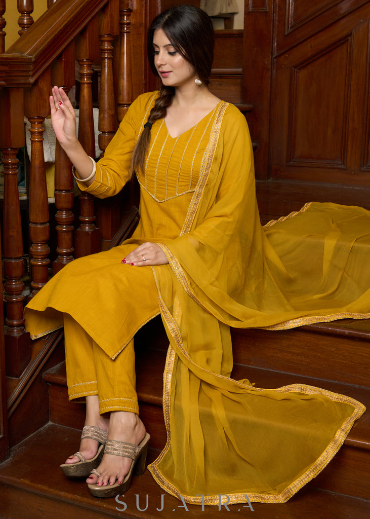 Graceful delicate mustard cotton kurta with a lace yoke and matching pants - Dupatta Optional