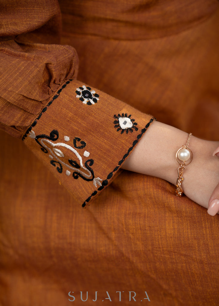 Exclusive rust brown cotton silk flared dress with embroidered notch collar