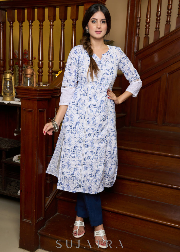 Elegant white Hakoba printed kurta, with delicate lace accents paired with matching Pants - Dupatta optional