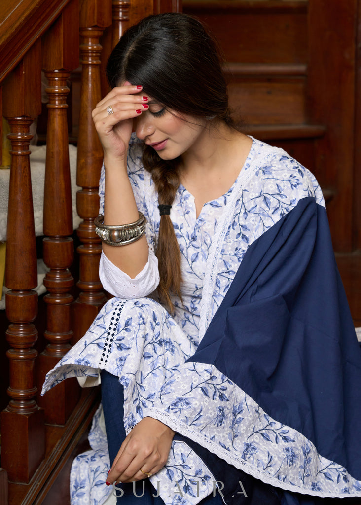 Elegant white Hakoba printed kurta, with delicate lace accents paired with matching Pants - Dupatta optional