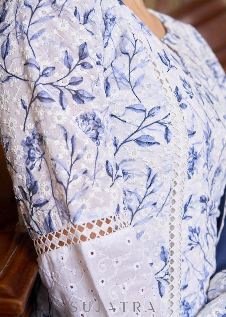 Elegant white Hakoba printed kurta, with delicate lace accents paired with matching Pants - Dupatta optional