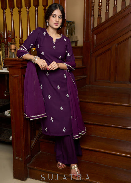 Exquisite hand-embroidered purple rayon kurta with matching pants - Dupatta Optional
