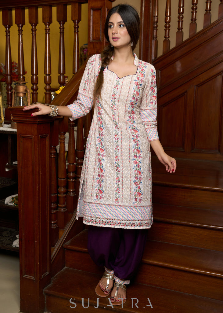 Classic hakoba printed cotton kurta paired with stylish rayon afgani pants - Dupatta Optional