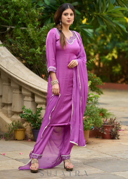 Delicate light purple hand-embroidered modal kurta with matching pants - Dupatta Optional