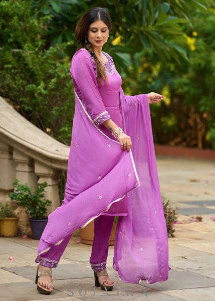 Delicate light purple hand-embroidered modal kurta with matching pants - Dupatta Optional