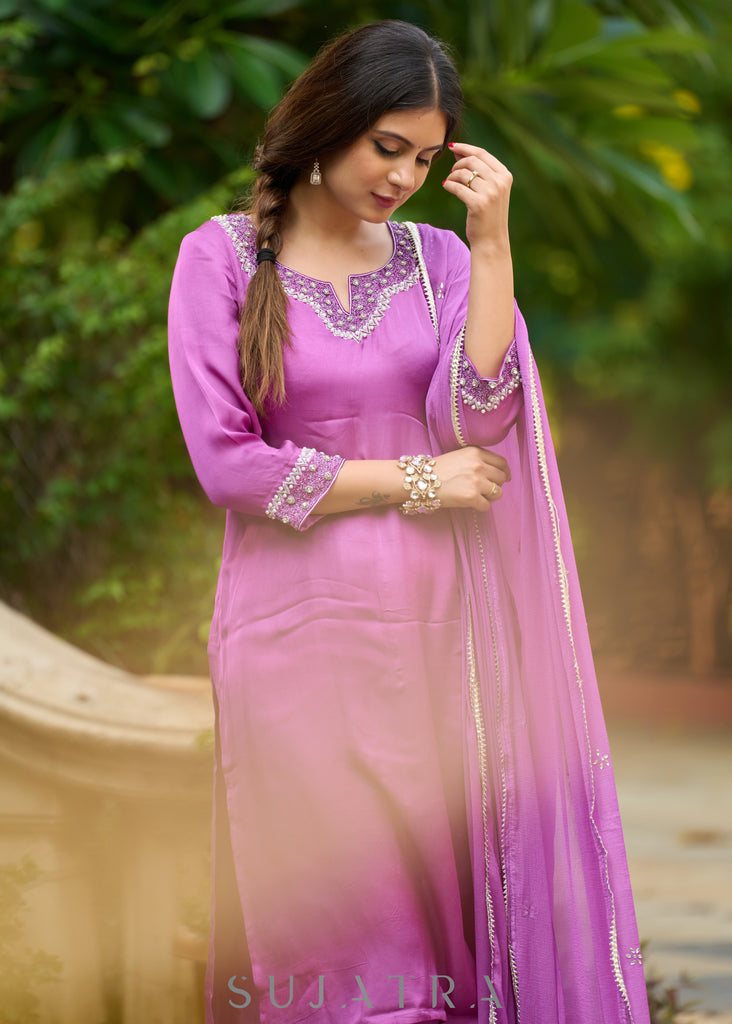 Delicate light purple hand-embroidered modal kurta with matching pants - Dupatta Optional