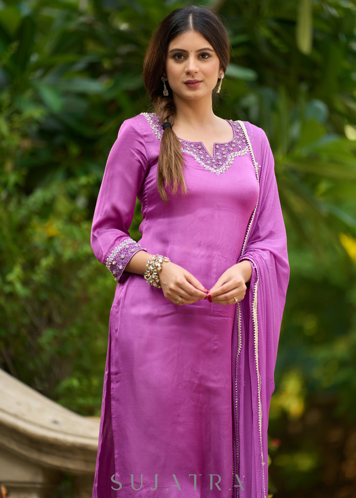 Delicate light purple hand-embroidered modal kurta with matching pants - Dupatta Optional