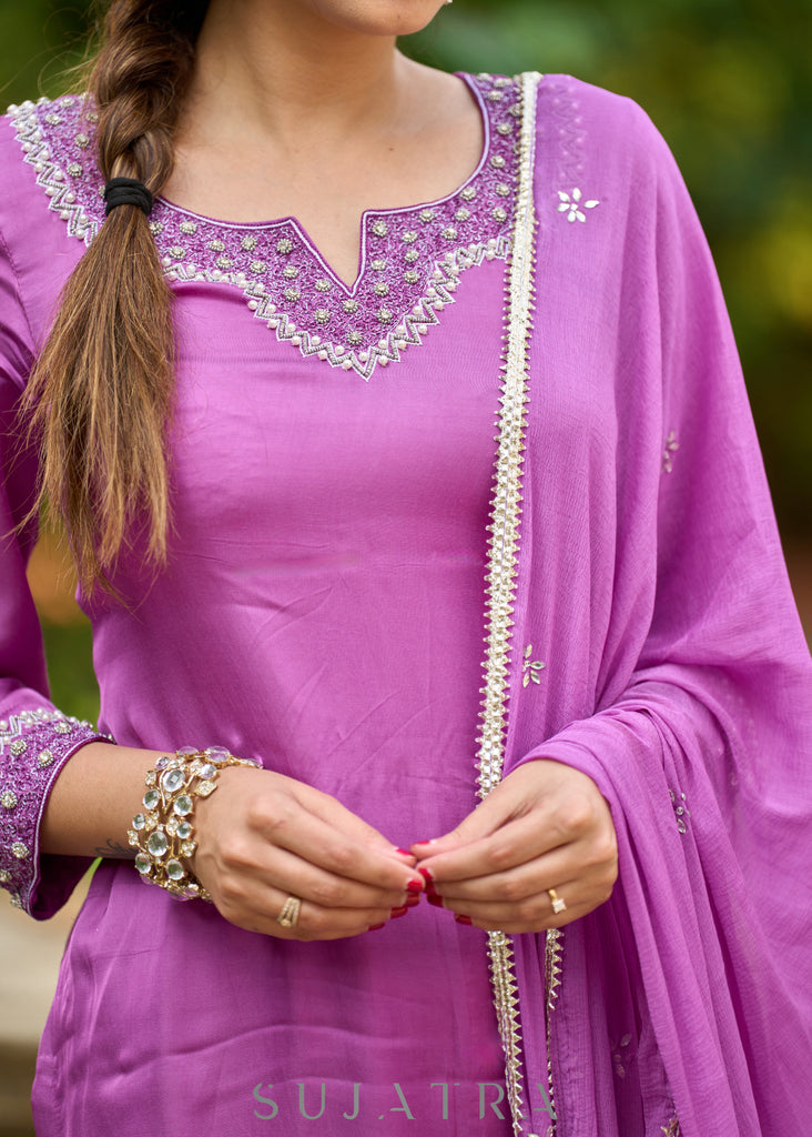 Delicate light purple hand-embroidered modal kurta with matching pants - Dupatta Optional