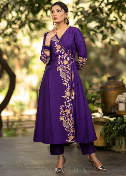 ON-SALE-purple-cotton-silk-asymmetric-embroidered-kurta-pant-optional