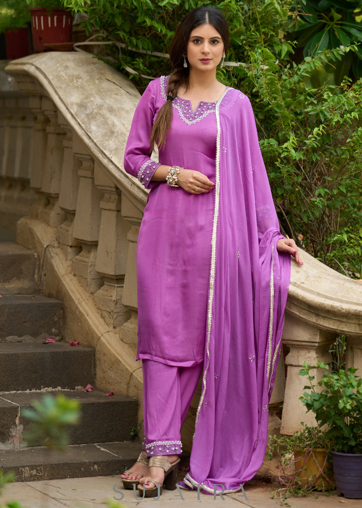 Delicate light purple hand-embroidered modal kurta with matching pants - Dupatta Optional