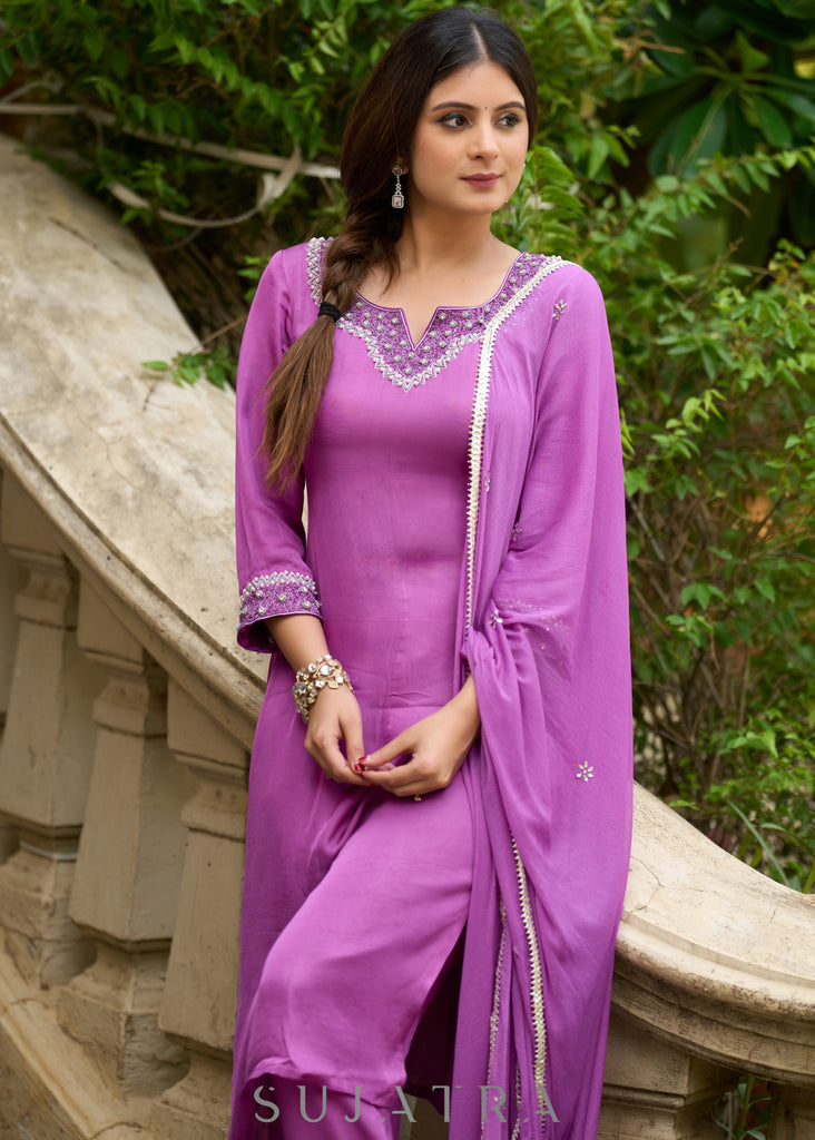 Delicate light purple hand-embroidered modal kurta with matching pants - Dupatta Optional