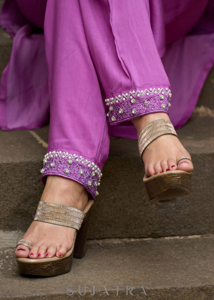 Delicate light purple hand-embroidered modal kurta with matching pants - Dupatta Optional