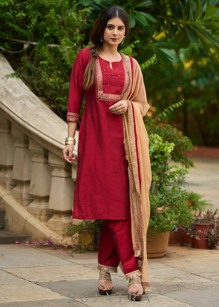 Opulent maroon hand-embroidered silk blend kurta with matching pants - Dupatta optional