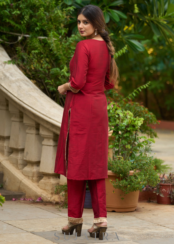 Opulent maroon hand-embroidered silk blend kurta with matching pants - Dupatta optional