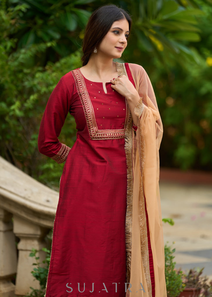 Opulent maroon hand-embroidered silk blend kurta with matching pants - Dupatta optional